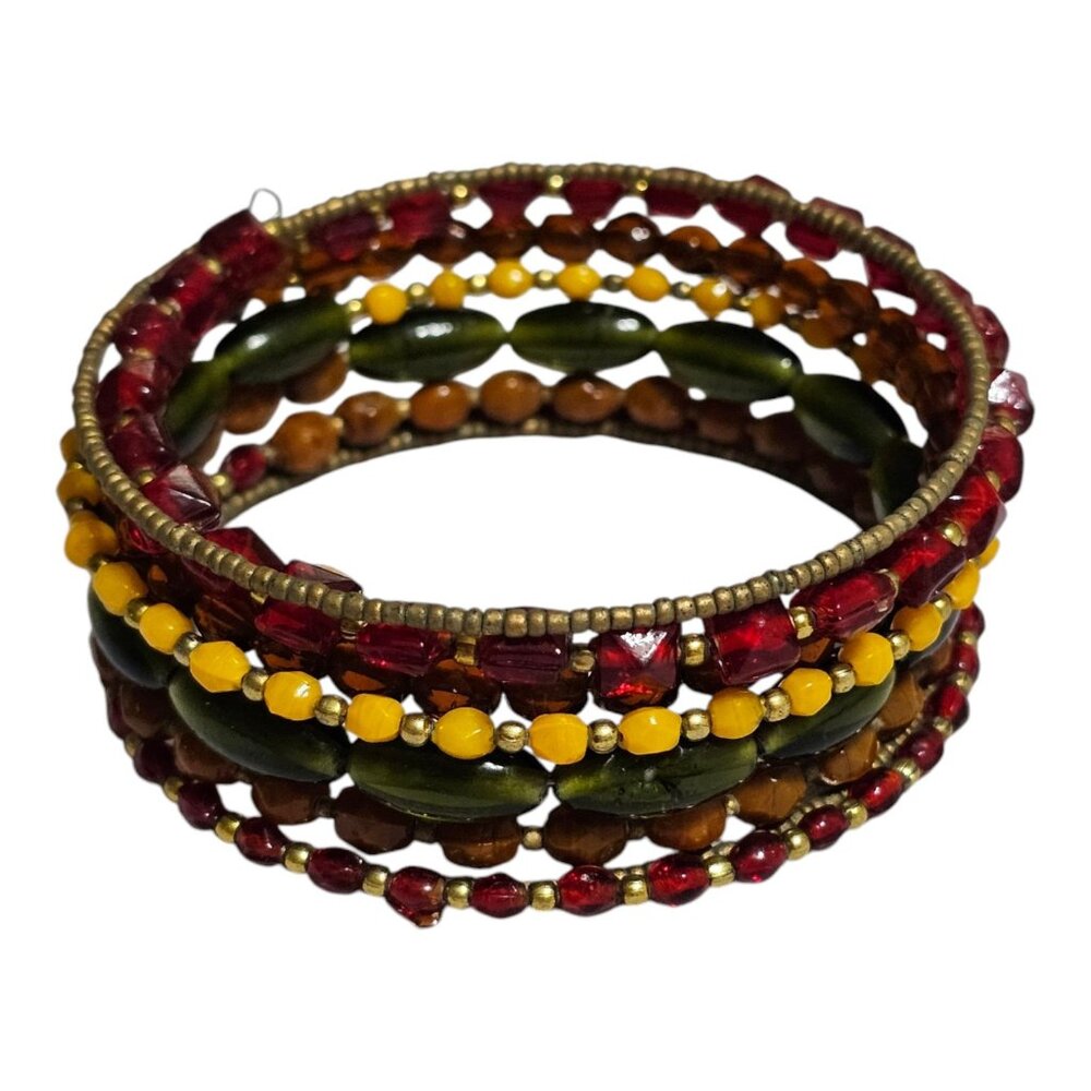 Boho‎ Earth Tone Glass Bead Wrap Bracelet Vintage Green Yellow Red Memory Wire